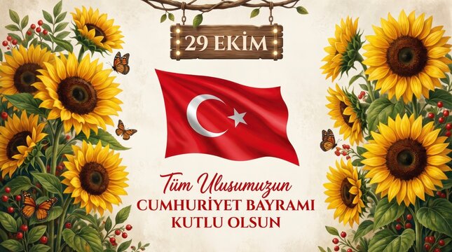 Turkish flag with sunflowers and 29 Ekim sign Republic Day celebration