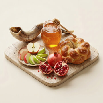 Traditional Rosh Hashanah Symbols Featuring A Shofar Honey Jar With Dipper Sliced Apples Pomegranates And Round Challah Bread On A Wooden Board For The Jewish New Year