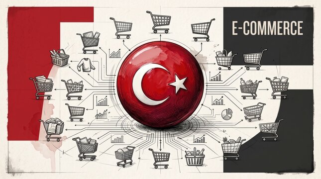 Turkey flag sphere with shopping carts online retail market growth