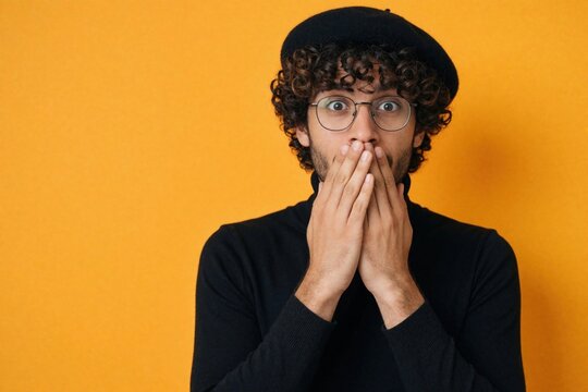 Young French artist with curly hair wears beret, glasses. Man covers mouth with hands showing shocked surprised expression. Male person looks amazed against bright orange wall. Secret gossip oops