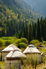 Scenic view of yurt tents in a forested valley in Kyrgyz Ala-Too Range, Kyrgyzstan. © Menyhert