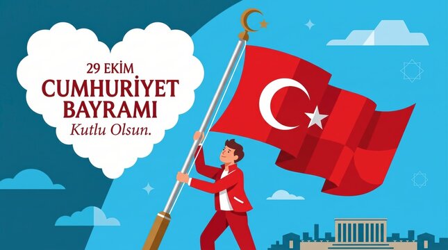 Man holding Turkish flag 29 October Republic Day celebration