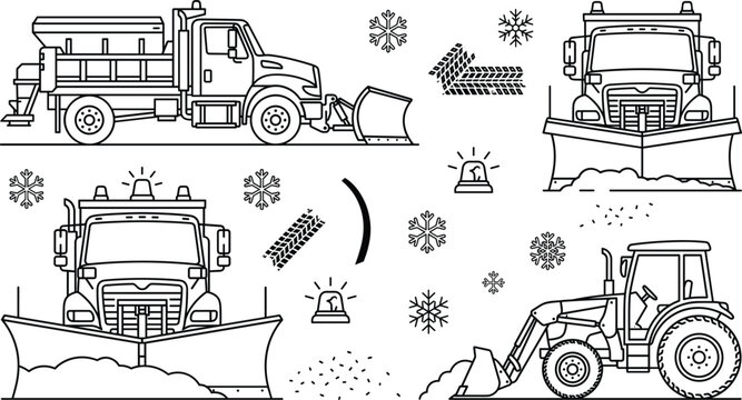 Winter Snow Plow Truck and Tractor Vector Icon Set Featuring Snow removal Vehicles, Heavy Equipment, Plow Blades, Tire Tracks, and Snowflake Elements