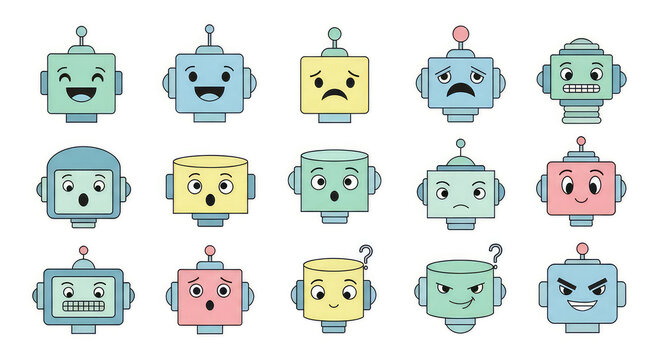 Set of cute robot head icons with various facial expressions on white background