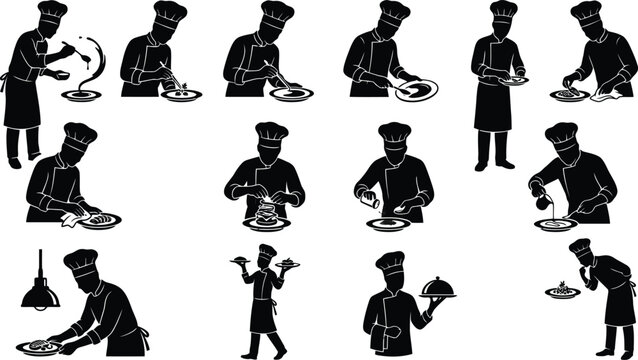 Collection of black silhouettes showing chefs plating and serving food in a restaurant on a white background, for culinary projects