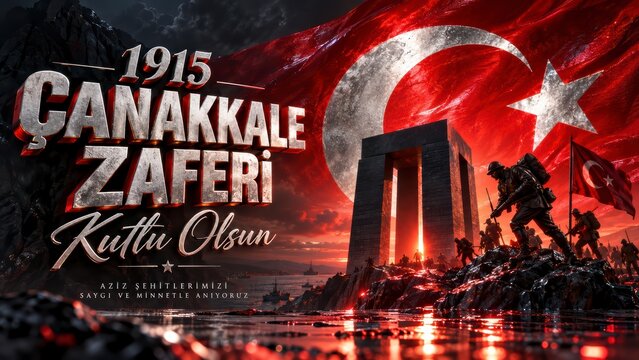 Turkish soldiers at Gallipoli monument with national flag historical