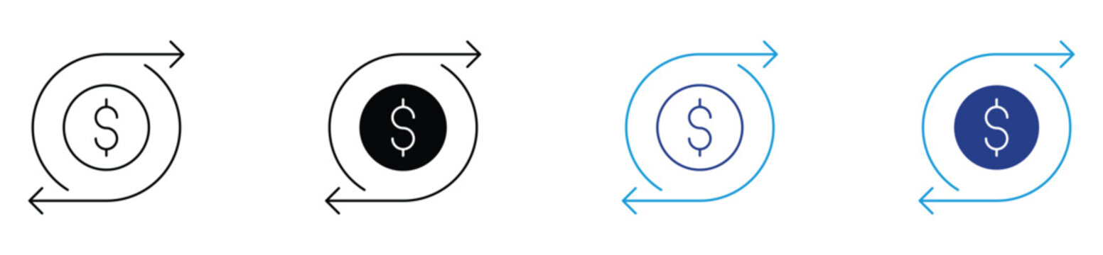 Cash flow and money. Money Transfer Multiple Style Icon Design Vector. Dollar coin between opposing arrows representing bidirectional money transfer, currency exchange, and financial payment reversal.