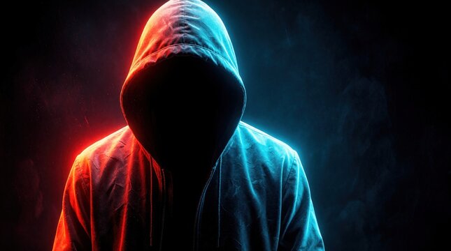 Anonymous hacker in dark hoodie sits in shadow. Red, blue neon light glow on clothes. Cyber crime concept with digital threat, privacy risk. Cyber security battle between good, bad hackers in
