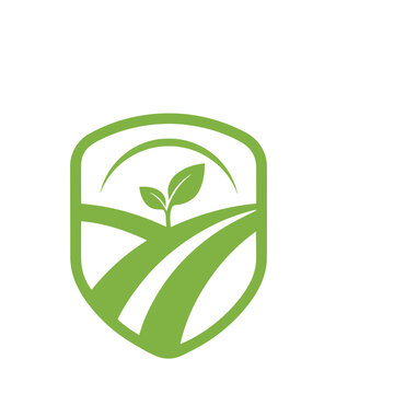 Green shield logo with plant and landscape