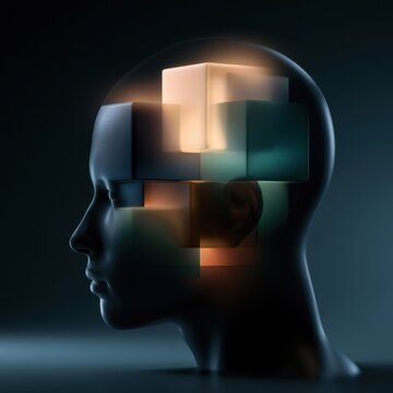 Profile view of a human head with glowing translucent cubes inside representing abstract thoughts and complex mental processes in a dark setting