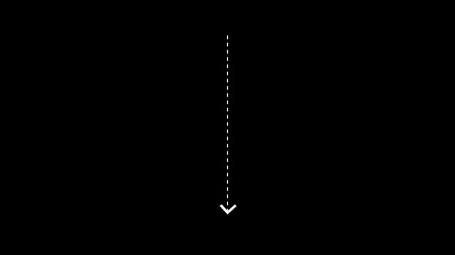 Down arrow direction icon with dotted line animation on Black background. dot arrows icon sign animated with alpha channel. white straight arrows animation. Reveal animation of solid, dashed.
