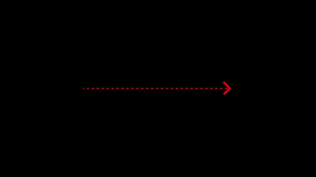 Right arrow direction icon with dotted line animation on Black background. dot arrows icon sign animated with alpha channel. Red straight arrows animation. Reveal animation of solid, dashed.