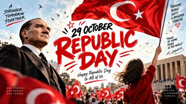 Mustafa Kemal Ataturk portrait with child waving Turkish flag Republic