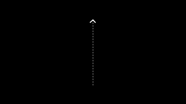 Up arrow direction icon with dotted line animation on Black background. dot arrows icon sign animated with alpha channel. white straight arrows animation. Reveal animation of solid, dashed.