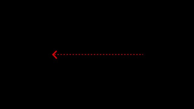 Left arrow direction icon with dotted line animation on Black background. dot arrows icon sign animated with alpha channel. Red straight arrows animation. Reveal animation of solid, dashed.