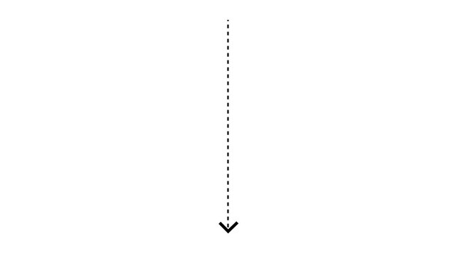 Down arrow direction icon with dotted line animation on white background. dot arrows icon sign animated with alpha channel. Black straight arrows animation. Reveal animation of solid, dashed.