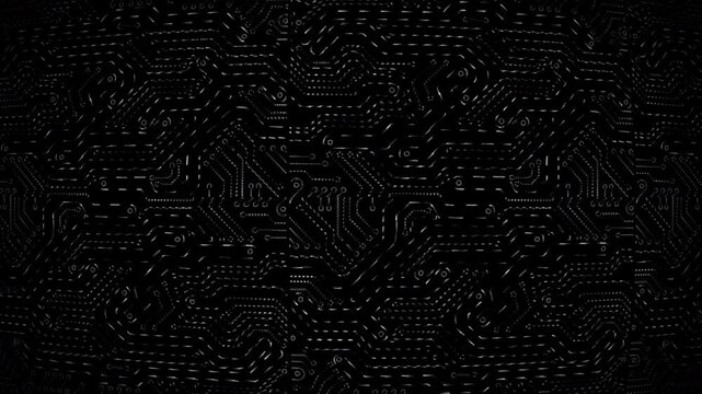 Futuristic black and white circuit board animation. Abstract neon digital technology background for modern sci fi design.
