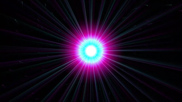 Bright cyan and magenta glowing light rays emanating from a vibrant central energy core against a dark cosmic background video.