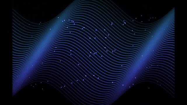 Abstract blue wave lines moving with small floating particles on a dark background creating a digital technology motion graphics