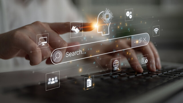 Artificial intelligence AI search concept enabling smarter discovery, recommendations to digital services and knowledge. Generative AI search engine algorithm provide user intent result. Corpus