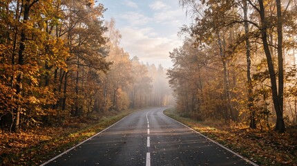 Fototapeta premium Peaceful Autumn Forest Road with Golden Foliage, Morning Fog and Soft Sunlight