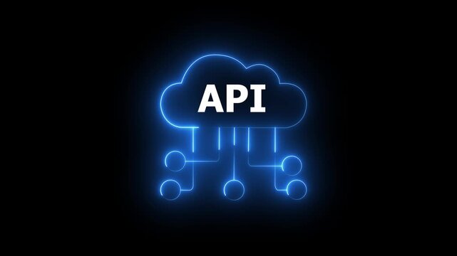 Neon blue cloud icon with API text and connecting lines on black background cloud computing application programming interface concept. 4k motion video.