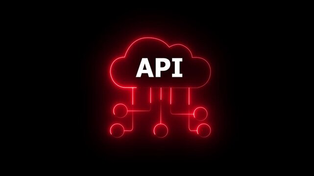 Neon blue cloud icon with API text and connecting lines on black background cloud computing application programming interface concept. 4k motion video.