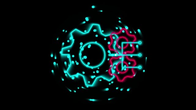 Glowing neon gears spinning together with digital circuit lines and rising particles against a dark background motion graphics