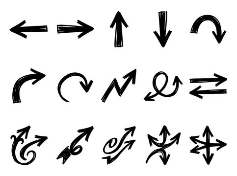 Hand drawn sketchy doodle arrow collection vector set, rough ink textured multi-directional pointer graphic elements for creative design, infographics, and presentation templates.