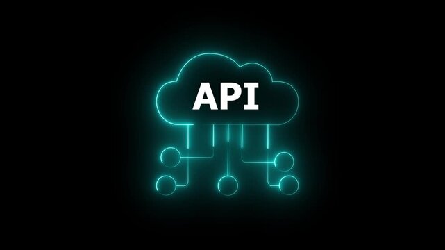 Neon blue cloud icon with API text and connecting lines on black background cloud computing application programming interface concept. 4k motion video.