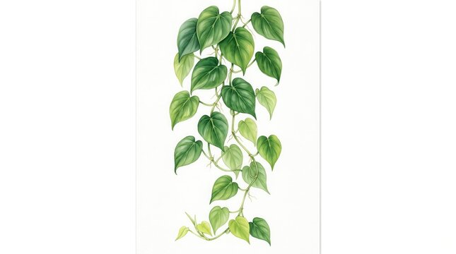 Watercolor painting of a cascading philodendron plant with vibrant green leaves on white background