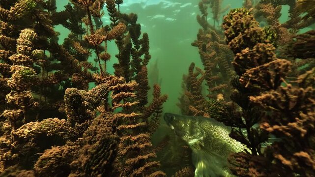 A zander rests hidden in a forest of milfoil. Its flank shines and carries a few grains of red sand. The fish then turns and swims away into the submerged plants.