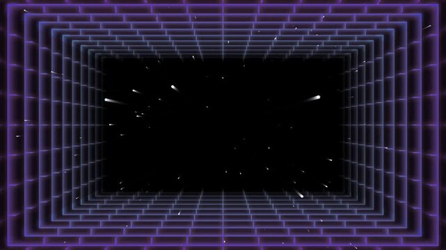 Retro purple wireframe tunnel glowing grid warp with light particles flying forward in a futuristic cyberspace space scene