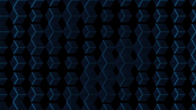 Abstract dark blue geometric cubes background pattern looping video animation with glowing edges for futuristic technology design