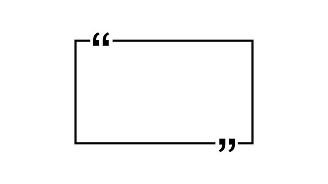 Square quote box icon animation. Rectangular quote mark graphic animation. Animated square quote frame design for textual quotation, paraphrasing, or text spoken by on white background.