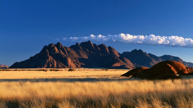 Vast golden grassland bathed in warm sunlight with rugged rocky mountain range under clear deep blue sky and a line of white clouds on the horizon