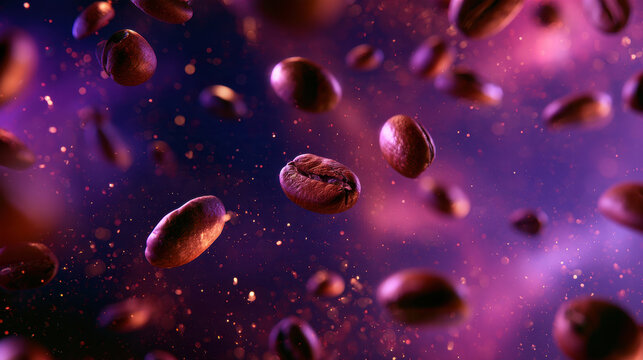 Coffee beans float in purple cosmic nebula background