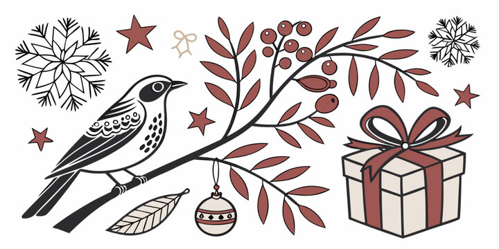 Cute Christmas Sticker Set with Ribbon Bell and Snowflake
