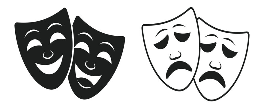 Comedy and tragedy theater mask vector templates showing expressive smileys in black and white.