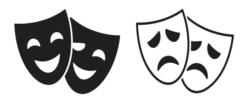 Minimalist comedy and tragedy theater mask icons in solid black and outlined styles.