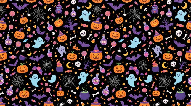 Halloween seamless pattern with cute pumpkins ghosts bats and candy on a black background