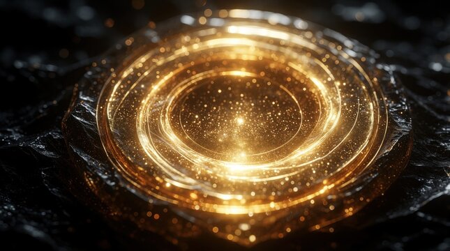 Glowing golden circular object shines in dark space. Abstract magic ring with bright light particles, sparkling dust. Mysterious luminous ring shape with cosmic energy, shiny gold texture. Sci fi