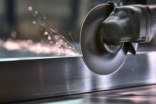 Industrial cutting tool grinding and sharpening metal surface producing sparks in a professional manufacturing workshop setting