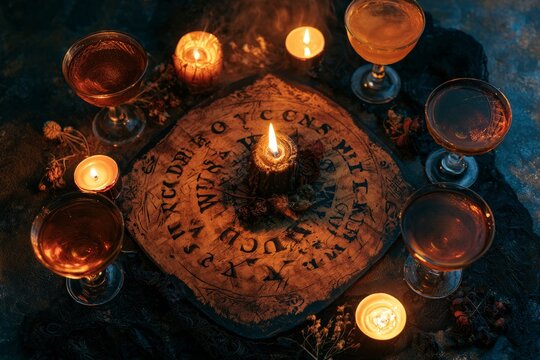Mystical S&eacute;ance Gathering Around Antique Divination Board