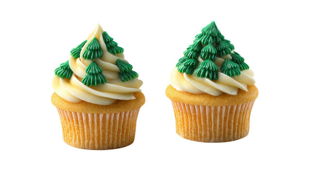 Two green pine tree cupcakes for winter holidays party