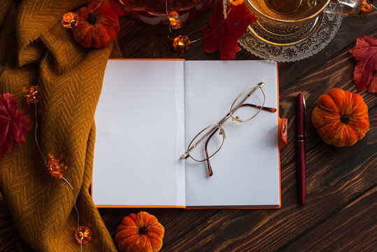 Autumn cozy scene with open notebook, eyeglasses, pen, warm blanket, pumpkins, and tea