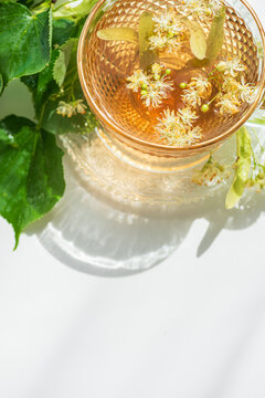 Close up of herbal linden tea in glass cup with fresh leaves and flowers refreshing beverage concept