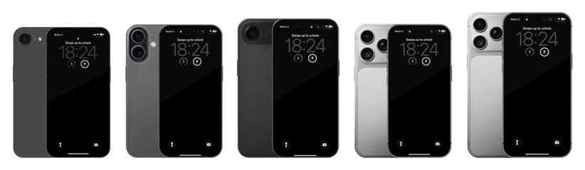 Obraz premium Detailed black, silver and grey mobile phone mockup pack. Front and rear view isolated on transparent background. Vector PNG