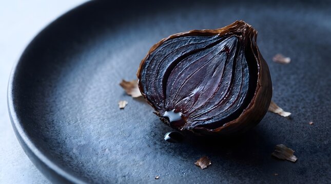 Macro of a halved black garlic clove on dark charcoal ceramic &mdash; mahogany translucent exterior, deep black-purple interior, syrup drop. Ideal for luxury food, health, and Michelin gastronomy.