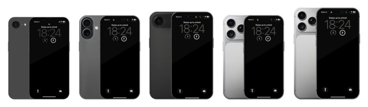 Detailed black, silver and grey mobile phone mockup pack. Front and rear view isolated on transparent background. Vector PNG